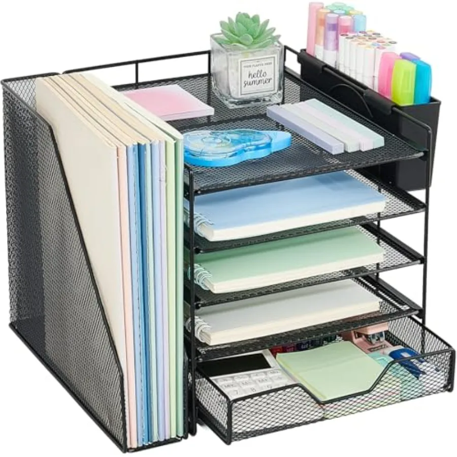 

Desk Organizers and Accessories, 5-Tier Paper Letter Tray Organizer with File Holder, Drawer and Pen Holder, Office Desk Access