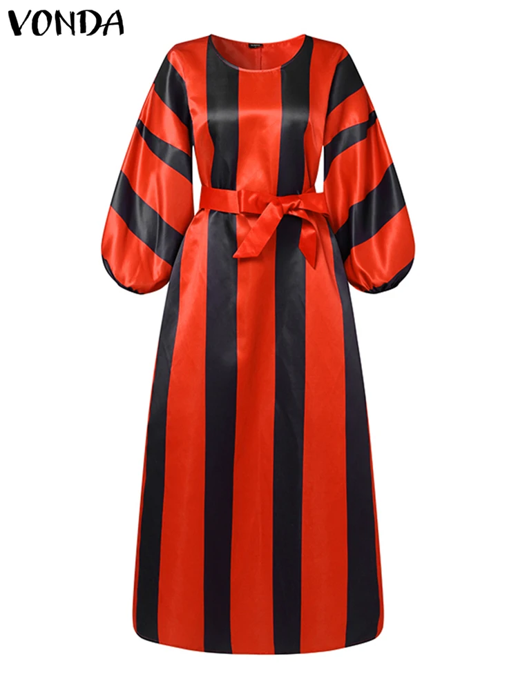 Plus Size 5XL VONDA Elegant Dress Women Stripe Printed Long Maxi Sundress Casual Long Lantern Sleeve Loose Belted Party Vestido