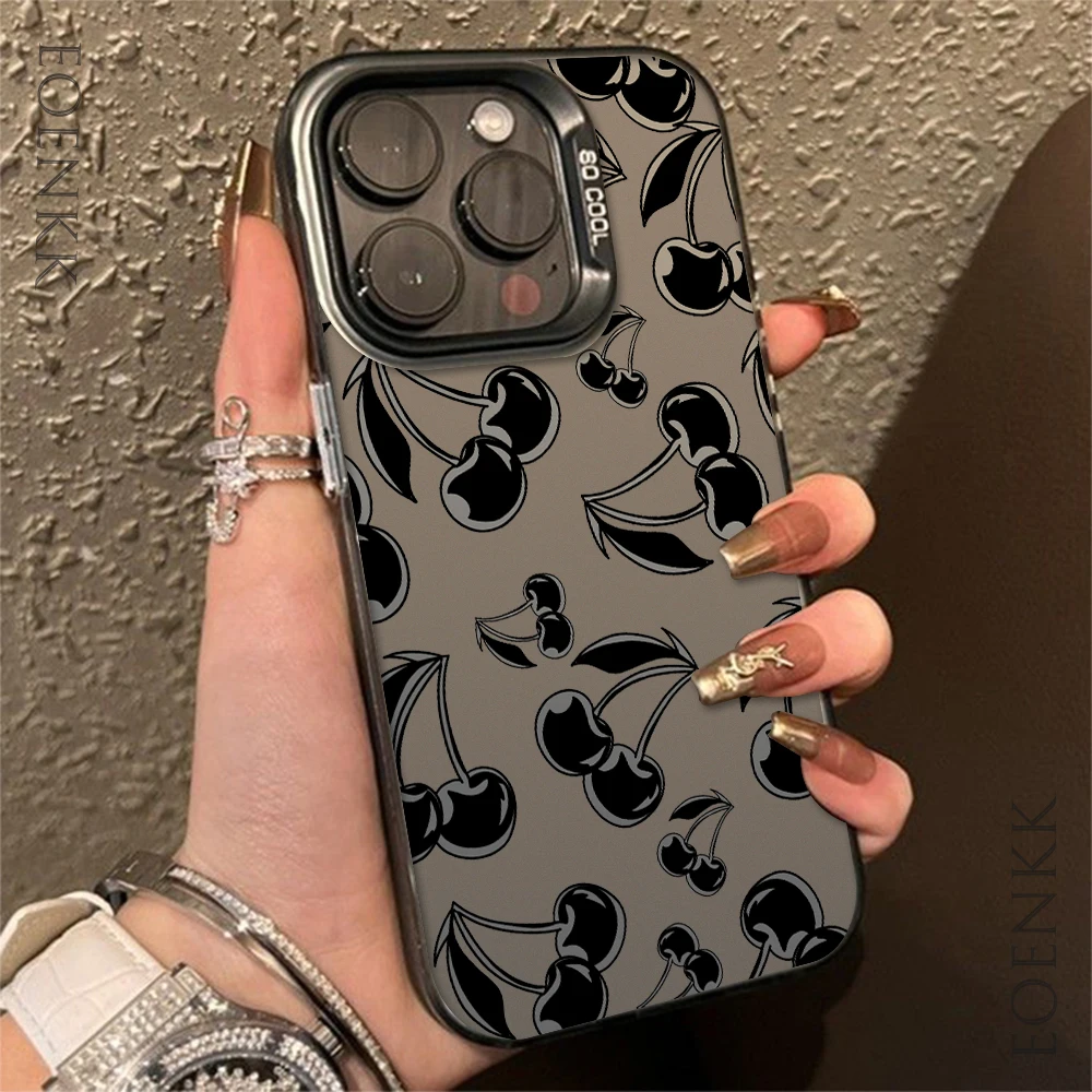 Phone Case For Samsung Galaxy S25 S24 S23 S22 S21 S20 Ultra Plus FE A25 A35 A55 5G Cute Black Cherry Pattern Matte Laser Cover