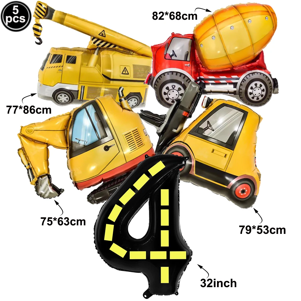 5 stücke Bau Party Ballon 32'' Gabelstapler Bagger Lkw Ballon 1-9 Digitale Folie Ballon Junge Bau Geburtstag Dekore – Detail 5