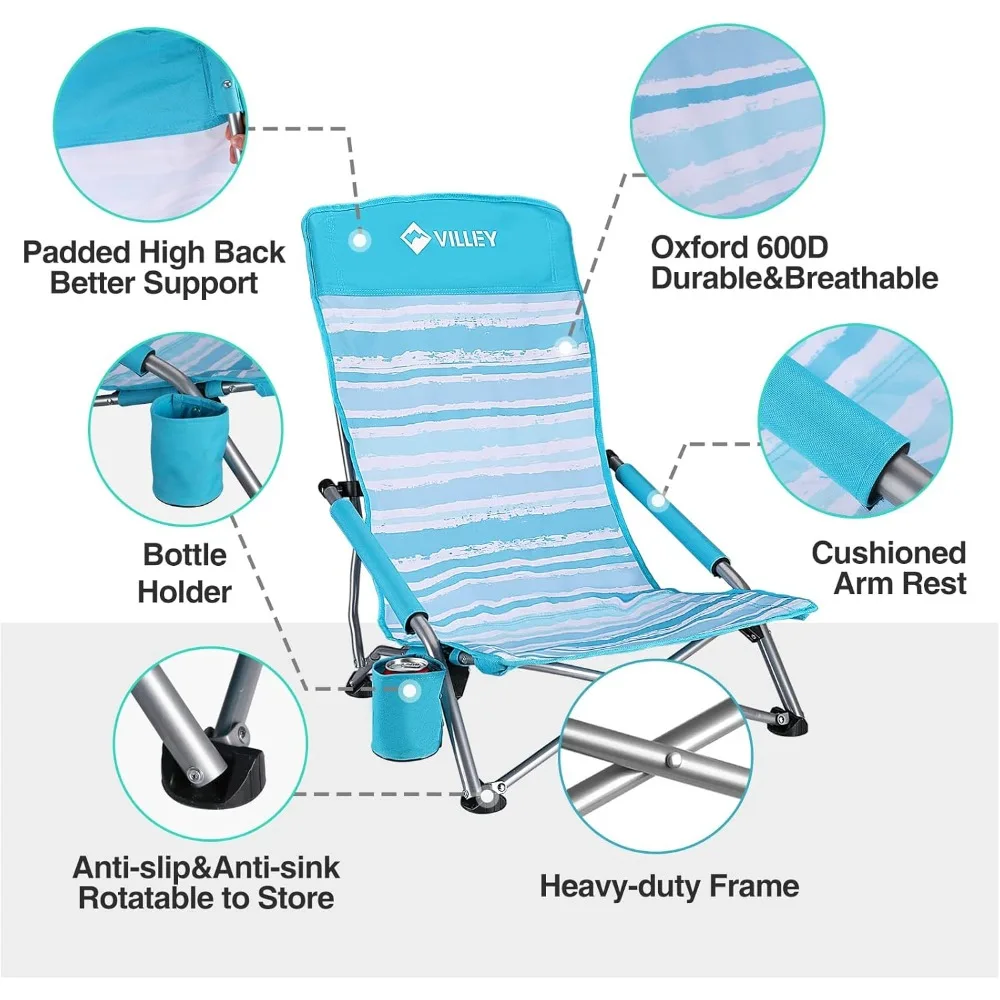 كراسي شاطئ منخفضة من VILLEY للبالغين، عبوة من قطعتين، كراسي شاطئ قابلة للطي عالية الظهر، خفيفة الوزن ومحمولة للاستخدام في الهواء الطلق، الشاطئ، والتخييم، #6