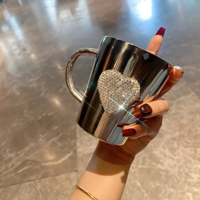 Diamond-encrusted Love Water Cup Portable Simple Household Office 304 Stainless Steel Mug Travel Milk Tea Cup Creative Water Mug