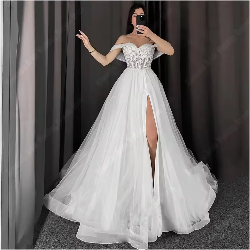 

White Tulle Prom Dress Off the Shoulder A-line Floor Length Formal Evening Dresses Lace Applique Wedding Party Dress Customized