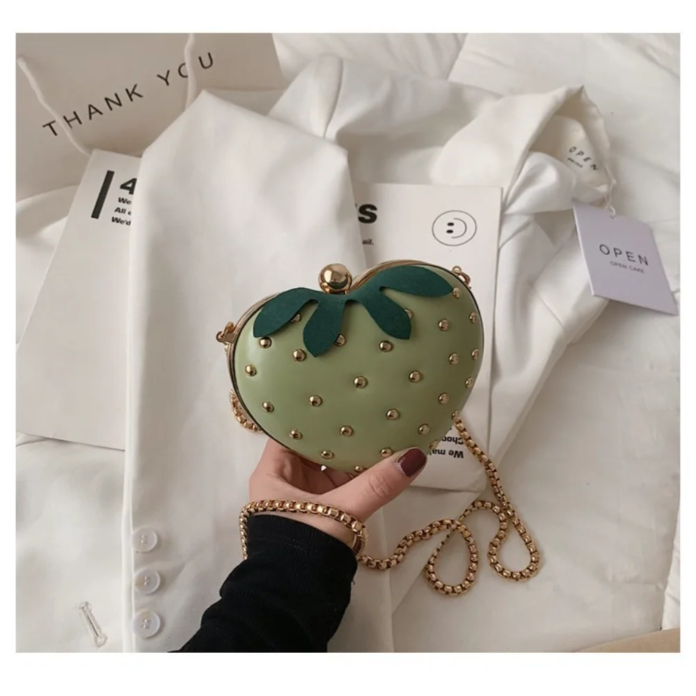 

Cute Fruit Strawberry Heart Shape Pu Rivet Mini Fashion Ladies Chain Purse Clutch Bag Shoulder Bag Tote Female Flap Handbag