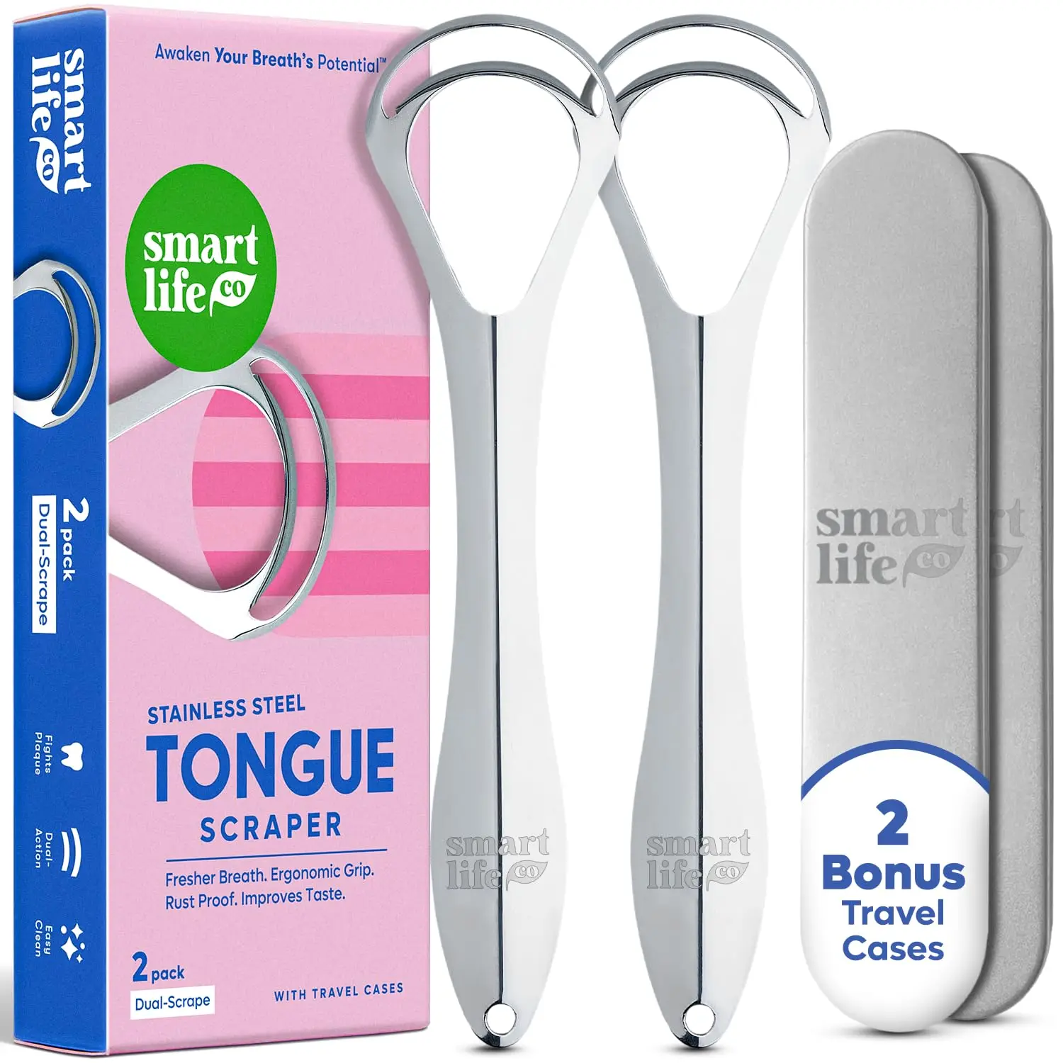 

Dual Head Stainless Steel Tongue Scraper - Travel Metal Case, Bad Breath Treatment, Plastic-Free Oral Care Kit, 2 Pack