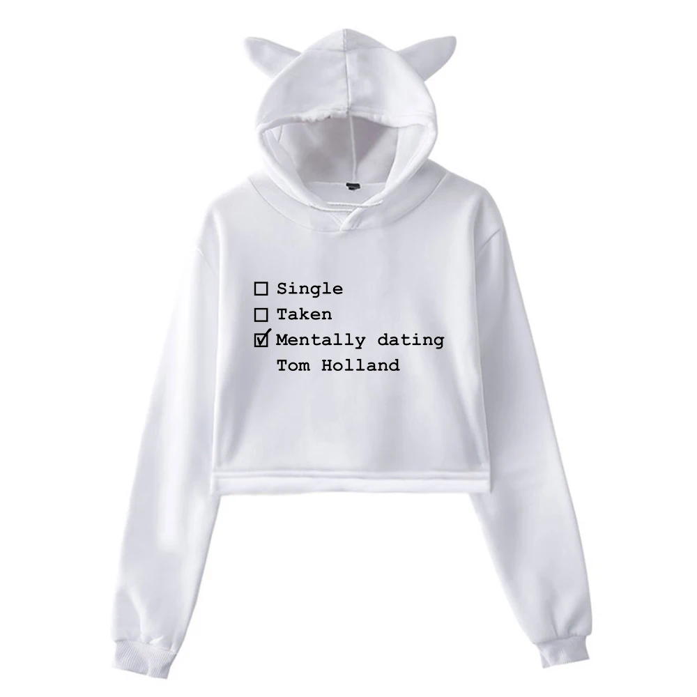 Tom Holland Mentally Dating Merch Pullover Cat Ears Hoodie Long Sleeve Sweatshirts Female Crop Top Women's Clothes
