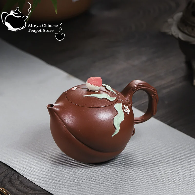 Yixing handmade purple clay teapot, raw ore, red skin, dragon mud, green leaves, longevity peach, Kung Fu tea set Chinese teapot