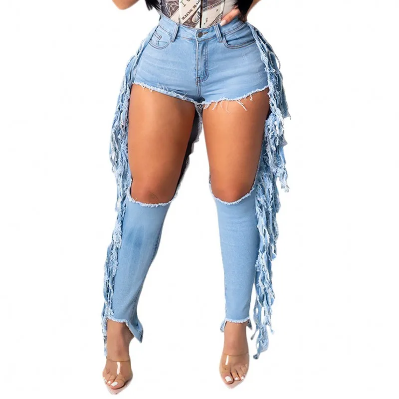 

Fashion Ripped Jeans for Women Hole High Waist Cut Out Hole Tassel Splicing Jeans Trousers Vintage Stretch Flare Denim Pants New