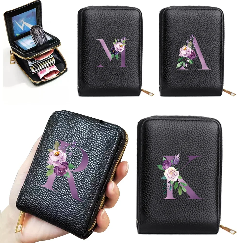 

Purse Womens Wallet Ladies Rfid Blocking Leather Credit Card Holder with Zipper Coin Pocket ID Window Purple Letter Pattern