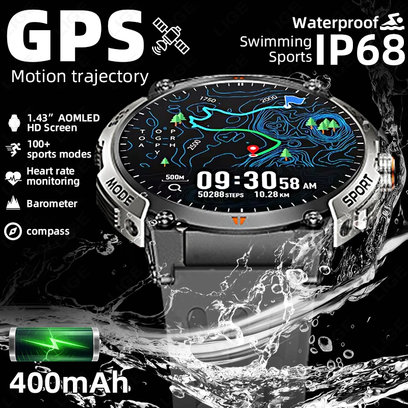 

LIGE GPS Tracker Smart Watch Men 466*466 AMOLED Screen Compass Watches Bluetooth Call Altitude Barometer Sports Smartwatch New