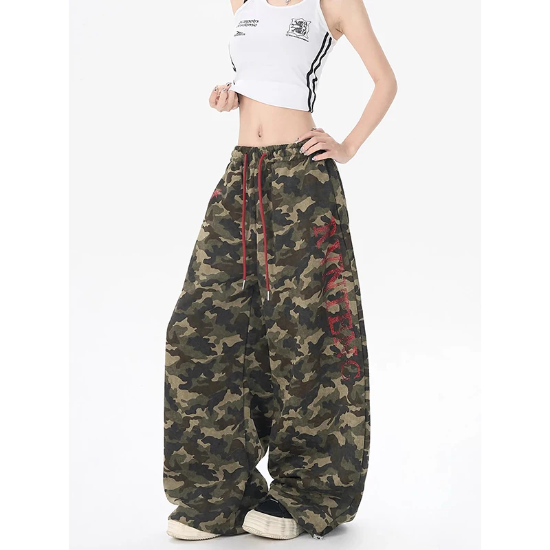 

YIBASHU American Retro Y2K 2000s Camouflage Letter Pants Women's Autumn Winter Loose Wide Leg Jazz Hip-hop Dance Sports Pants