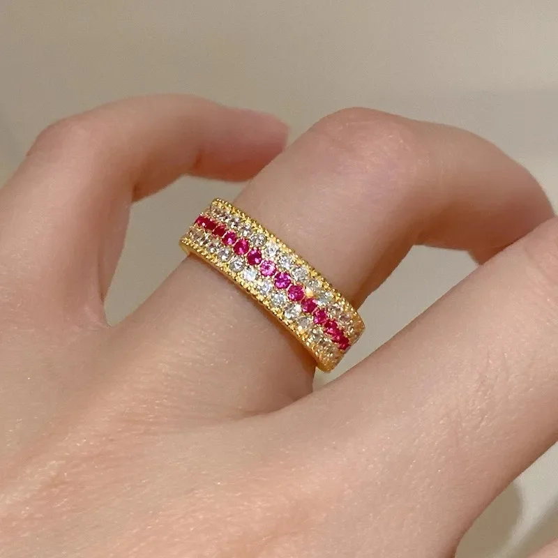 Huitan Fashion Luxury Ring with Rose Red CZ Bright Noble Finger Accessory for Women Exquisite Creative Anniversary Party Jewelry