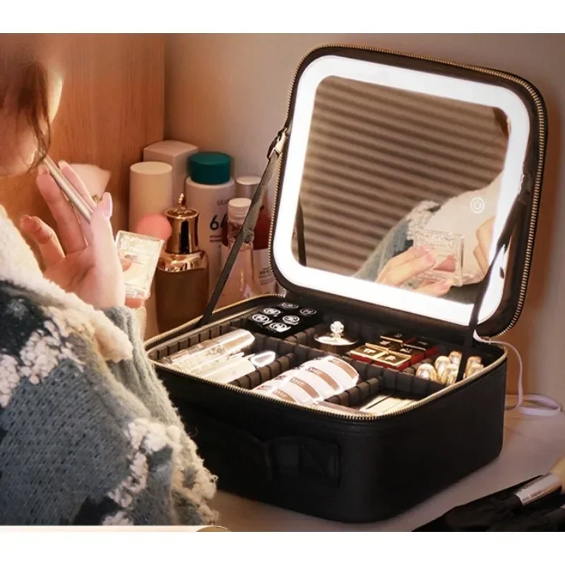 Portable LED Mirror Fill Light Cosmetic Bag with Large Capacity Battery Beauty Desktop Storage Box for Makeup Organization