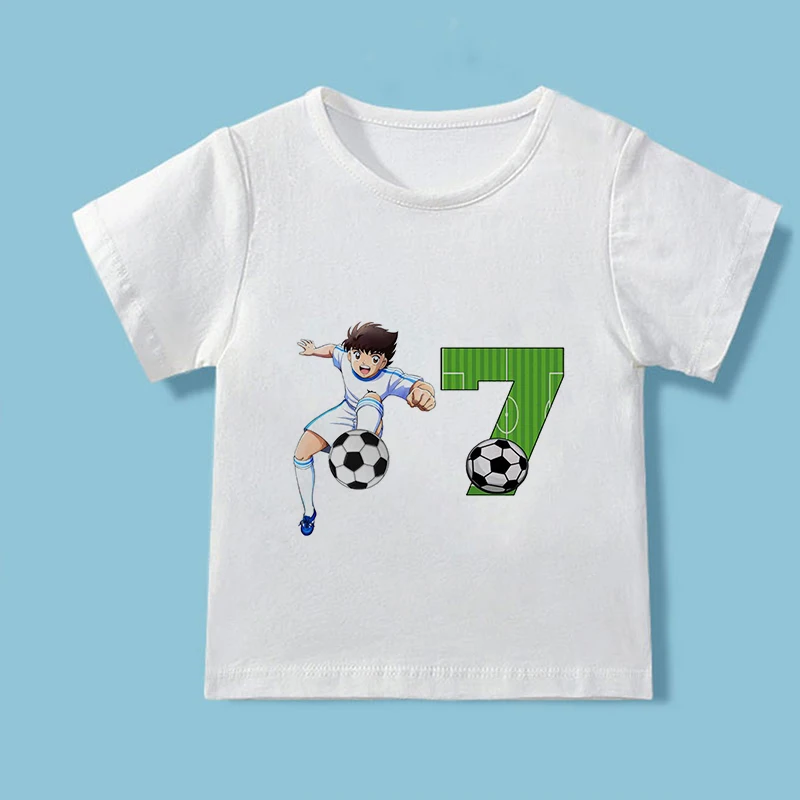 Boys\' football digital printed children\'s clothing white short sleeved boys\' top 1-9 years old casual trend round neck T-shirt