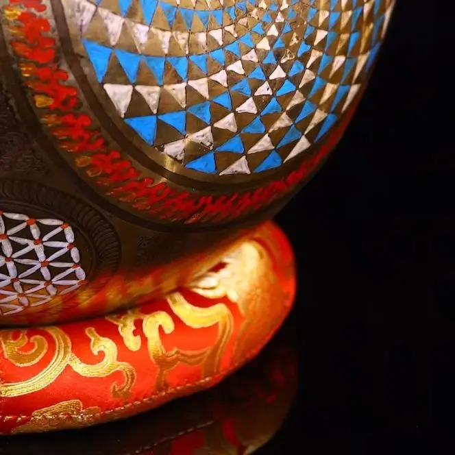 

12"Tibetan Temple Collection Old Bronze Painted Buddhist Music Bowl Old Scriptures Medicine Buddha Town House Exorcism