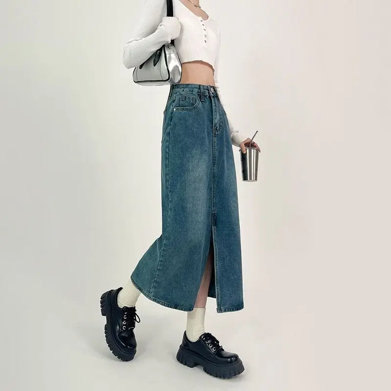 Slit A-line Denim Skirt for Women Spring Autumn High-waisted Jeans Skirt Light Blue Casual Vintage Y2k Fashion Clothing