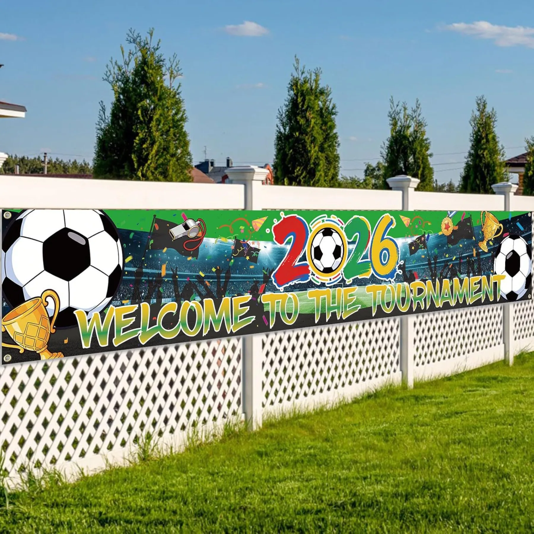 Fondo para Partido de Fútbol 2026, Tela Decorativa con Mapa del Mundo Azul, Bandera y Trofeo para Fiestas de Fútbol, Bares y Hogar