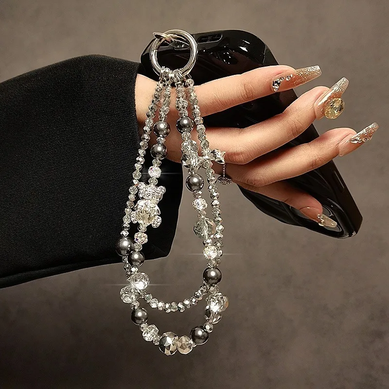 Luxury and Sophisticated Beaded Crystal Phone Charm, Stylish Rhinestone Cartoon Bear Phone Lanyard, Short Handbag Chain.