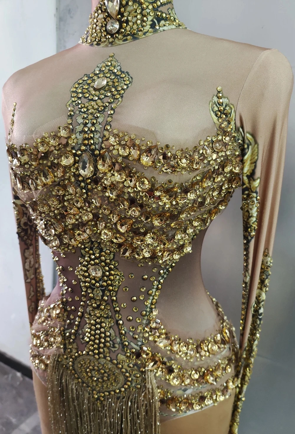 Sexy Romper Tassel Bodysuit Singer Party Show Gold leotard Rhinestones Performance Dance Costume Stage Wear Club Outfit