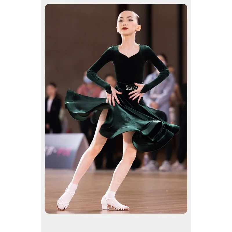 

Платье для латинских танцев по индивидуальному заказу, бархатный костюм с длинными рукавами для занятий латинскими танцами, костюм для соревнований для девочек
