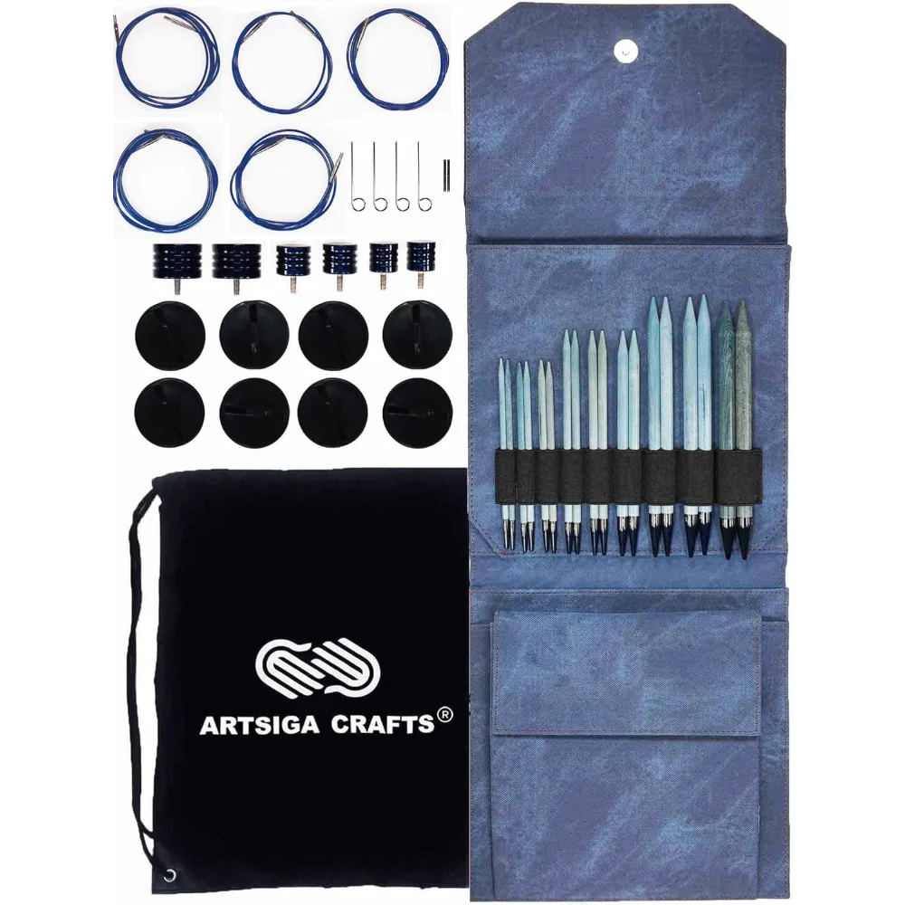 

Interchangeable Knitting Needles, Birch Wood Set with Case and Accessories