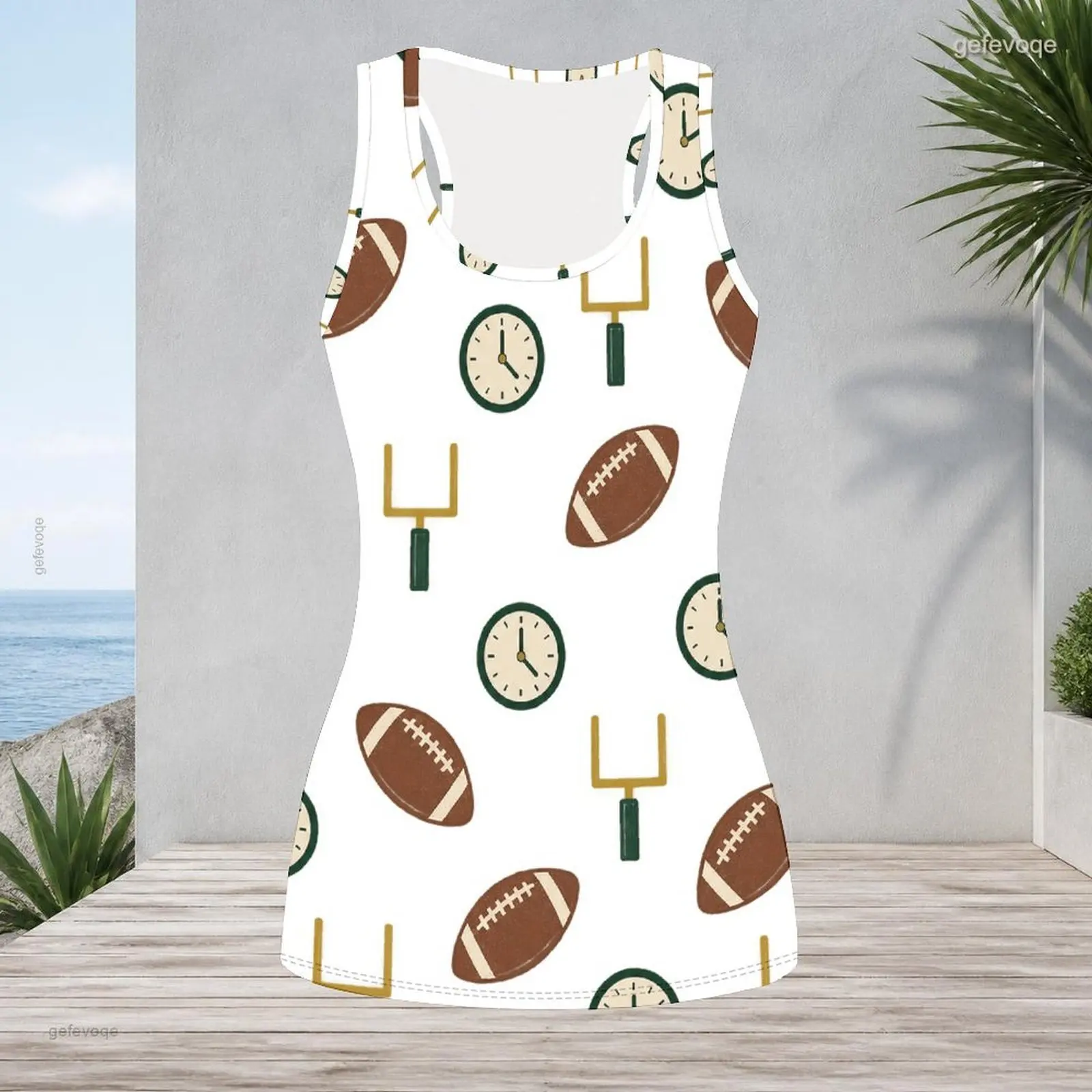 Women Scoop Neck Sleeveless Tank Top, Printed Football Clock and Goal Post Pattern