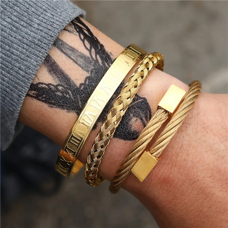 Stainless Steel Braided Roman Letter Bracelet Set for Men – Vintage Style Adjustable Wristband for Daily Wear & Gift