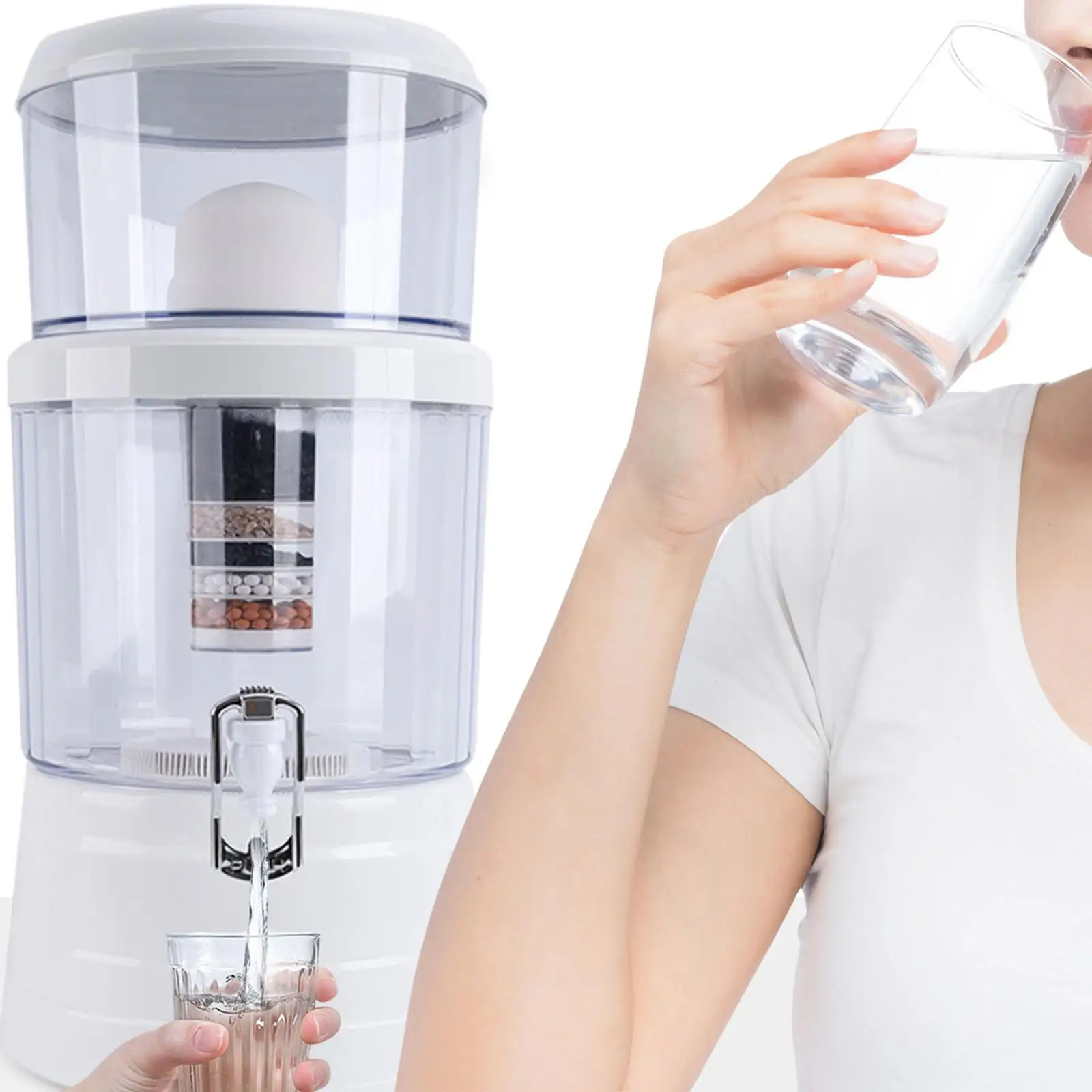 16L Benchtop Gravity Water Purifier Bucket with Faucet 8 Layer Filtration Tap Water Filter for Home Kitchen Direct Drinking