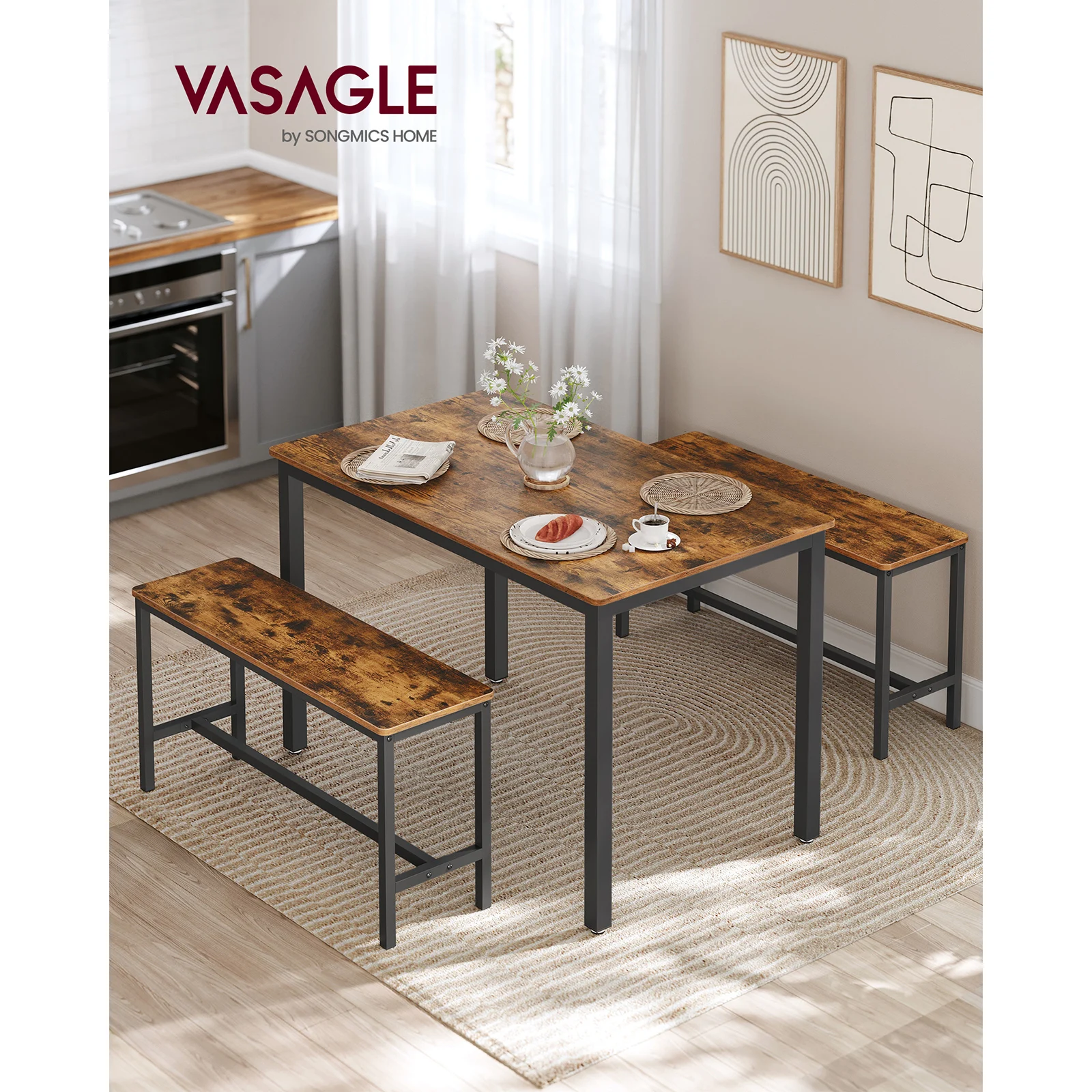 VASAGLE 3-Piece Dining Set: Table (70 x 110 x 75 cm) + 2 Benches (30 x 97 x 50 cm each), Steel Frame, Industrial Design