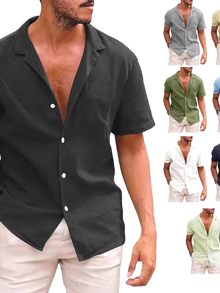 

Мужская рубашка с кубинским воротником из ледяного шелка и шифона, свободного кроя, с коротким рукавом, повседневная, с глубоким V-образным вырезом, в стиле делового костюма, модная, не требует глажки