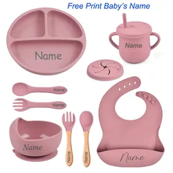 Juego de vajilla de silicona con logotipo de nombre personalizado, juego de alimentación de bebé, cuchara, tenedor, tazón con ventosa, plato de cena de silicona para niños, 8 Uds.