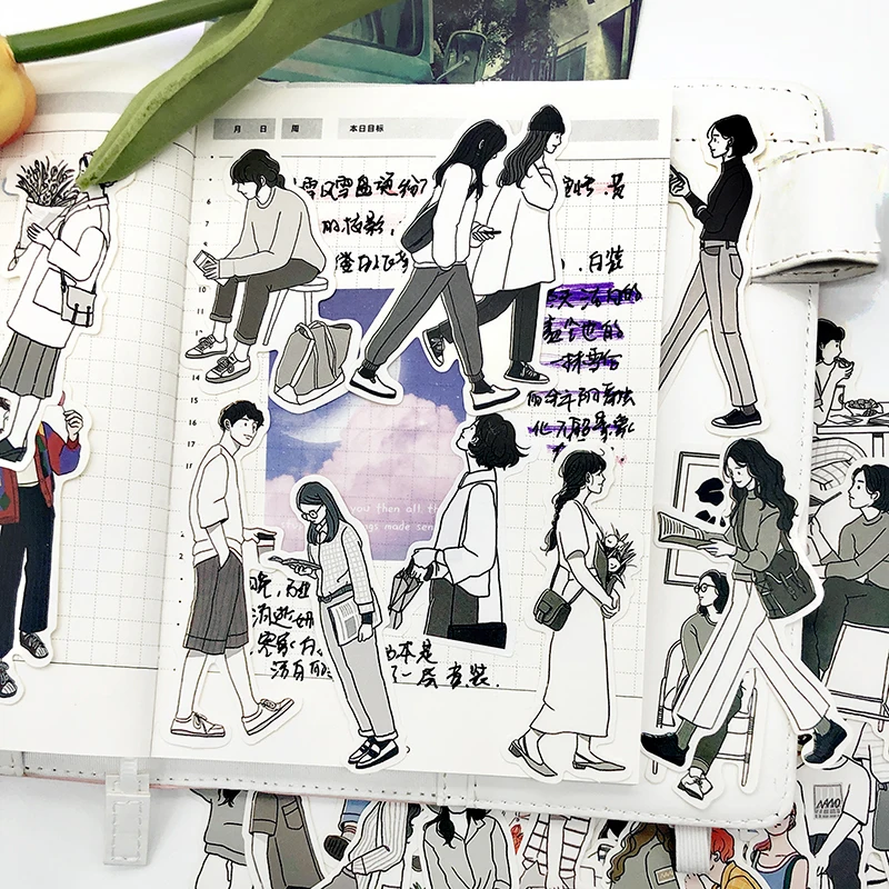 51pcs Cute Girl's Happy Life Character Boy Handbook Sticker Material Package Set Simple Ins Style Scrapbooking