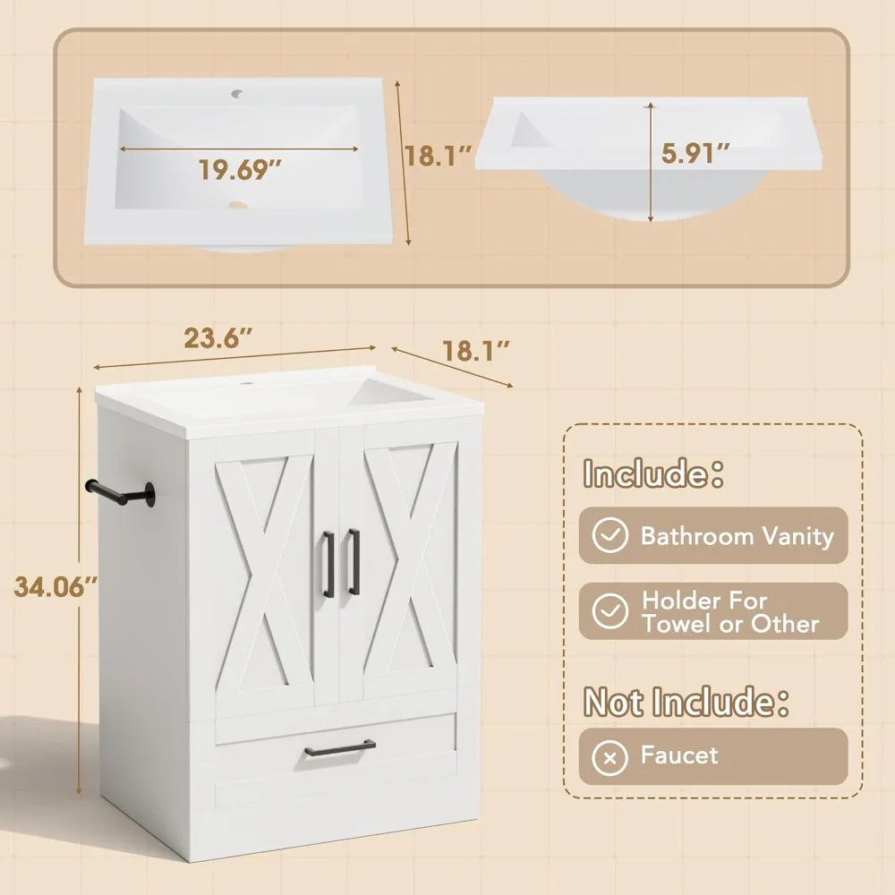 Mueble de baño estilo granja de 24" con lavabo, mueble de almacenamiento con 2 puertas y 1 cajón