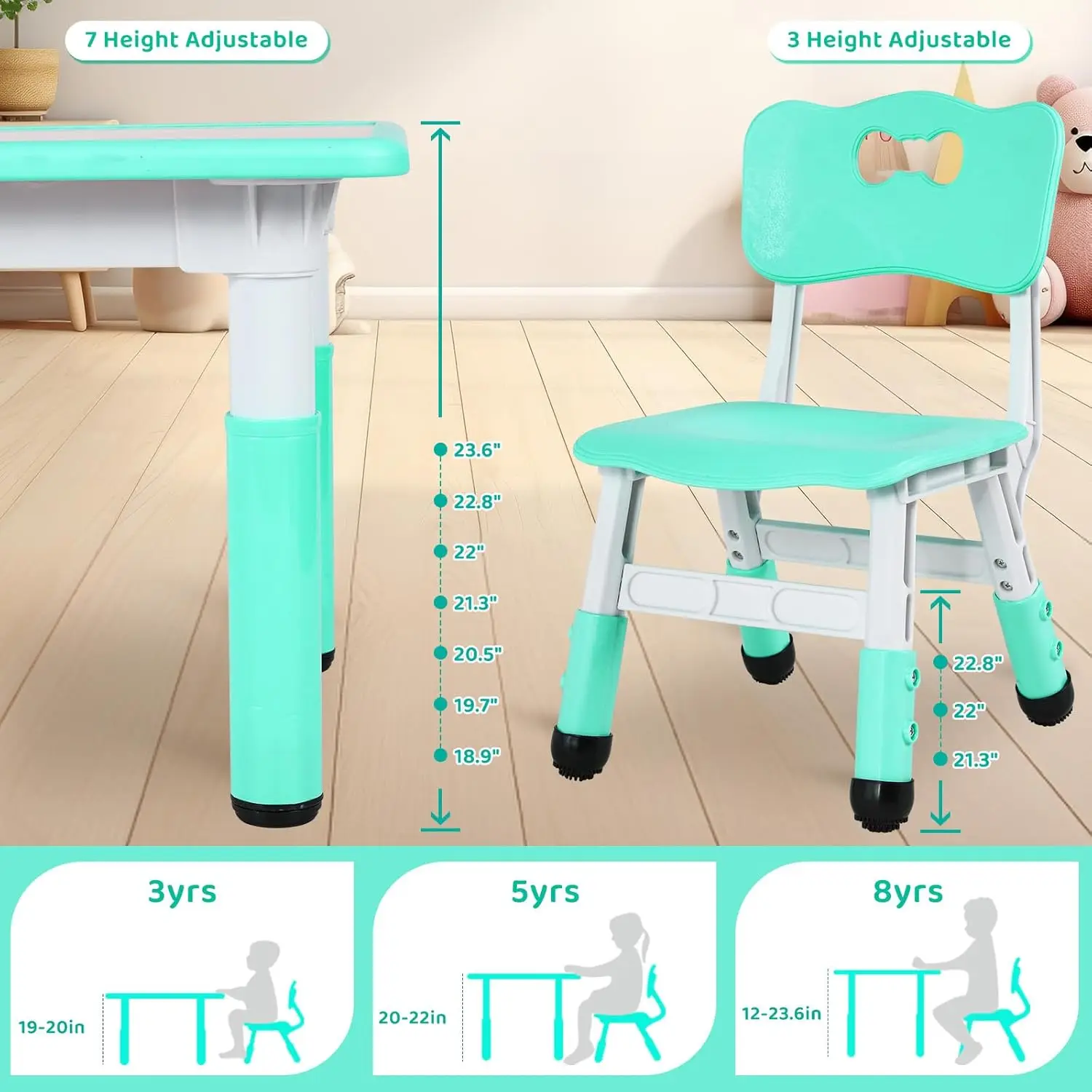 Conjunto de mesa graffiti ajustável infantil e 6 cadeiras, verde claro, para idades de 3 a 12 anos