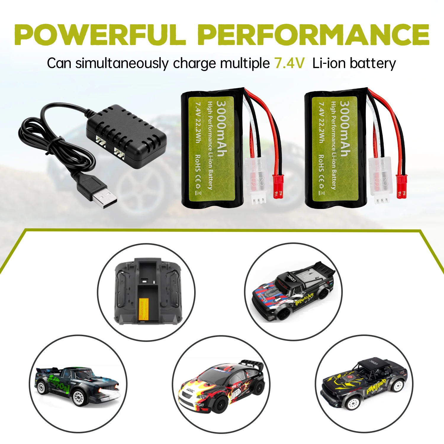 2PCS 7.4V 3000mAh JST-2P Plug Li-ion Battery+2-in-1 Charger For UDIRC UD1601 UD1602 SG1603 RC Car,1/10,1/12,1/16 Ratio RC Truck