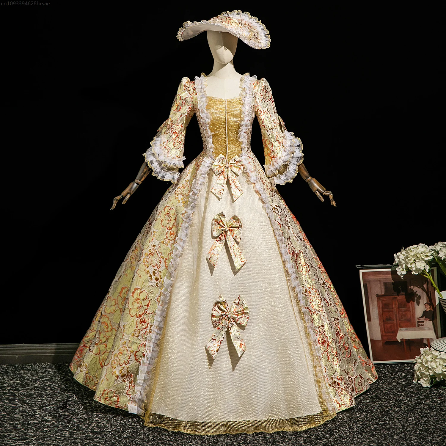 Elegant Victorian Court Bow Lace Trim Dress for Women Princess Tea Party Masquerade Performance Wedding Evening Gown
