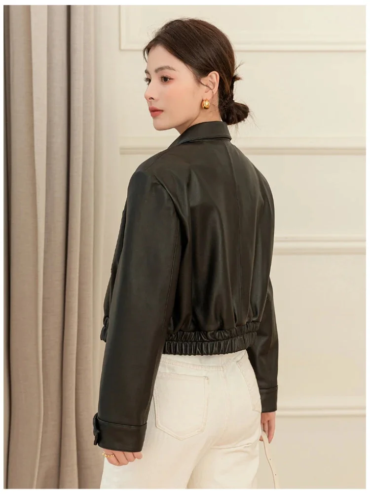 Lambskin Cropped Jacket for Women Spring Autumn 2024 Trend High-end Simple Casual Motorcycle Genuine Leather Coats