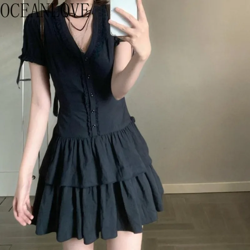 

OCEANLOVE Women Dresses V Neck Solid Spring Summer Japanese Style Mini Dress Vintage A-line Buttons Elegant Vestidos Mujer