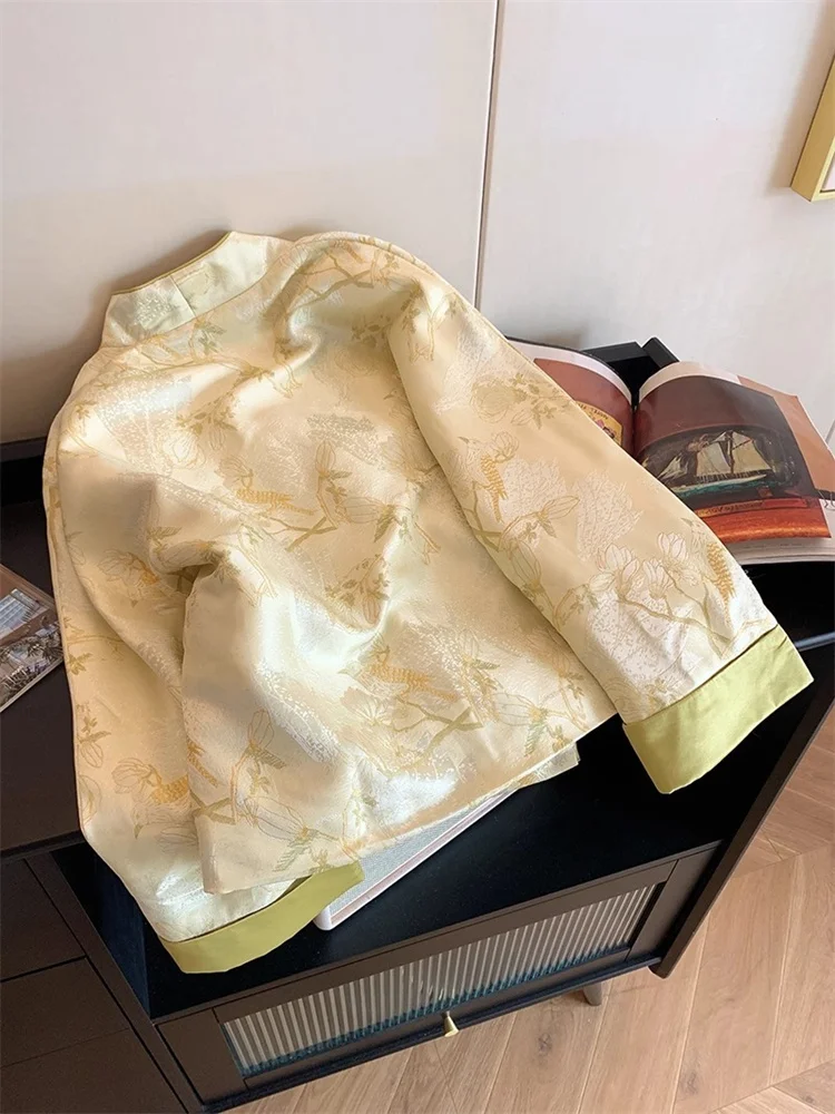 

New Chinese Sle ort Embroidered Jaet Men Women Spring Autumn High End Vintage Color Blo Oblique Collar Slimming Top