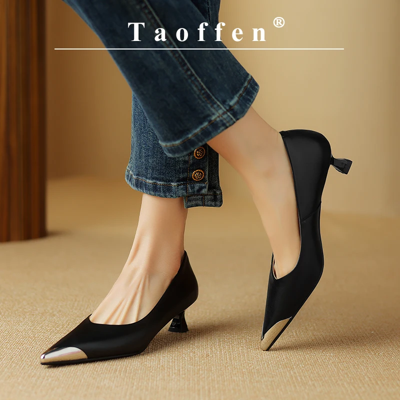 Taoffen New Sexy Women\'s Pumps Thin Heels Pointed toe High Heel Fashion Soft Slip On Metal Decoration Casual Office Lady Shoes