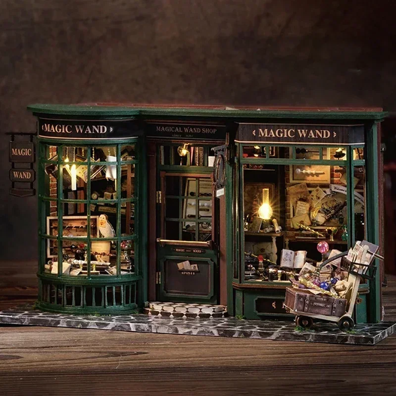 Retro DIY Wooden Magic Wand House Figurines Miniature Kits With Furniture LED Light Home Desk Decoration For Adult Handmade Gift