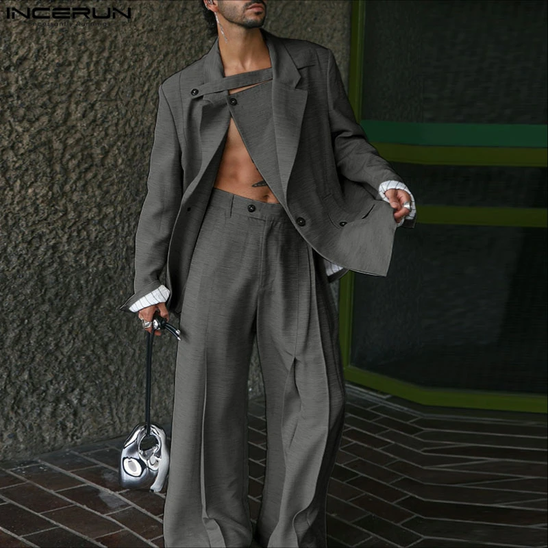

INCERUN Мужские комплекты Однотонный пиджак с длинными рукавами и брюки Комплекты из двух предметов Уличная одежда Свободные модные элегантные повседневные мужские костюмы S-5XL