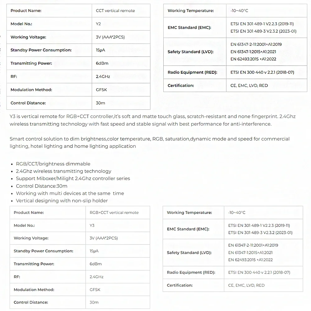 Miboxer Y1 Y2 Y3 Brightness CCT RGB+CCT Vertical Remote Control 2.4GHz 3V Color Temperaturen Dimmer for LED Buld LED Strip Light