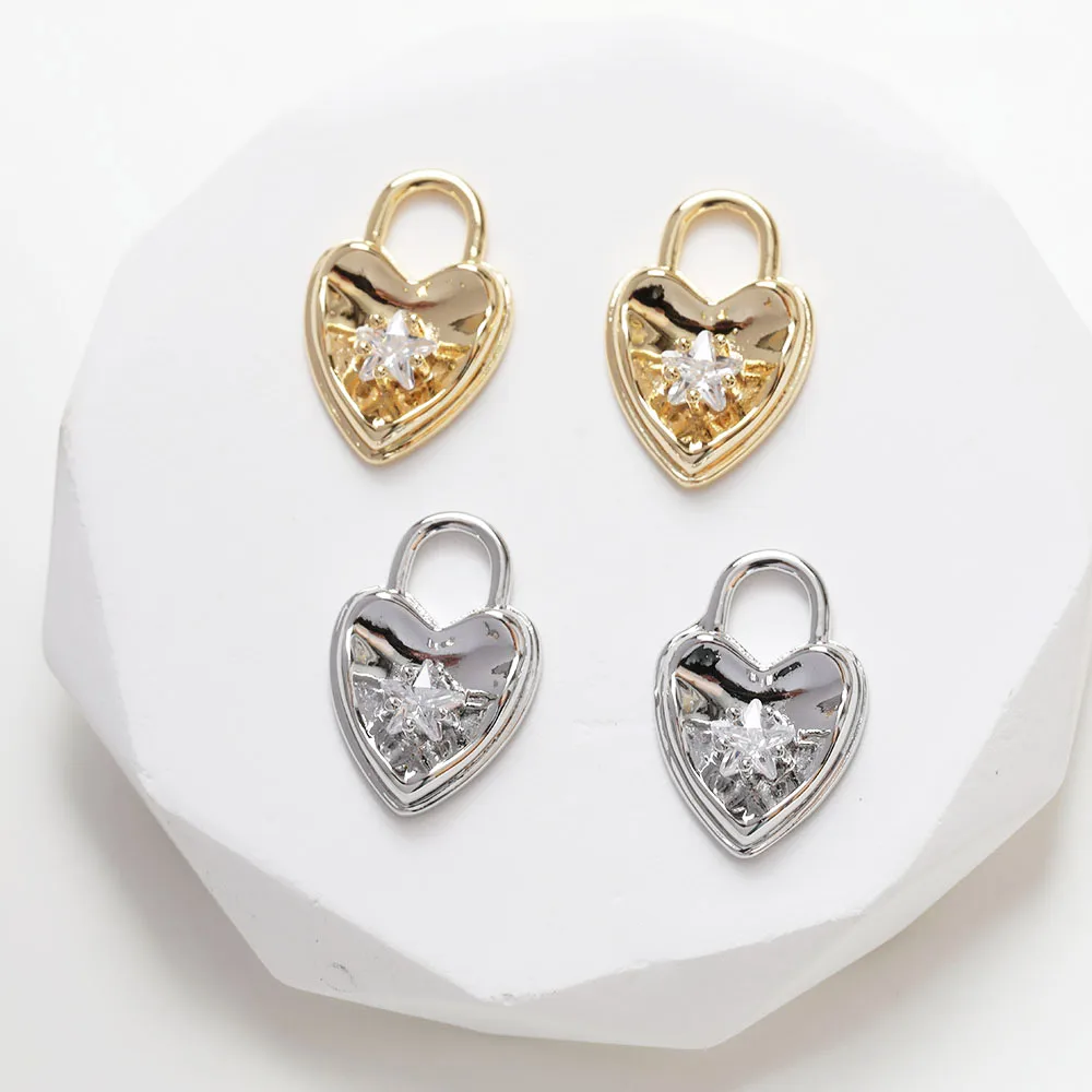 4PCS Heart Shaped Zircon Key Pendant Charms for Jewelry Making DIY Hand Made Brass 14k Gold Plated Accessories 13*20mm