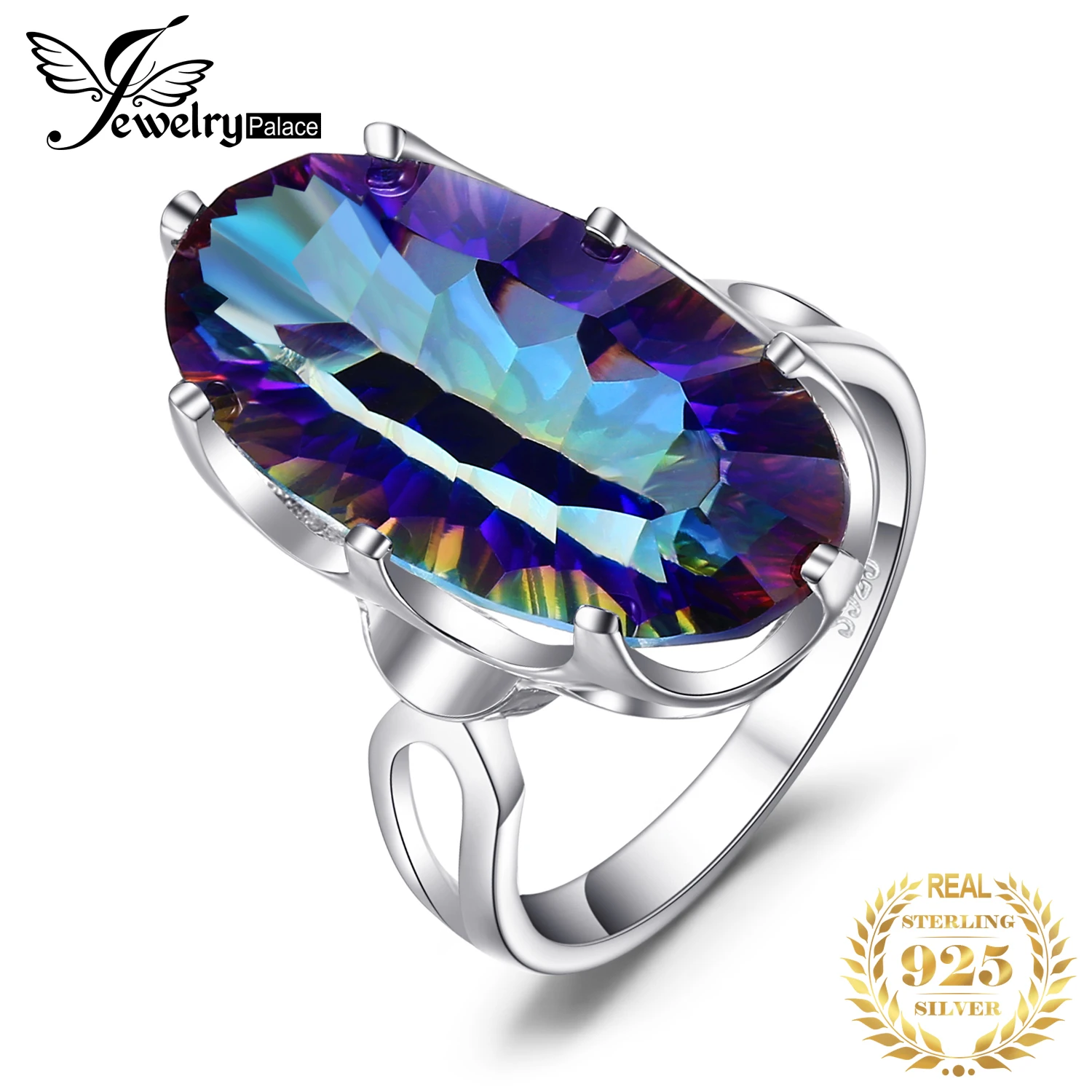 

JewelryPalace Large Genuine Natural Rainbow Fire Mystic Quartz Solid 925 Sterling Silver Ring for Women Statement Cocktail Ring