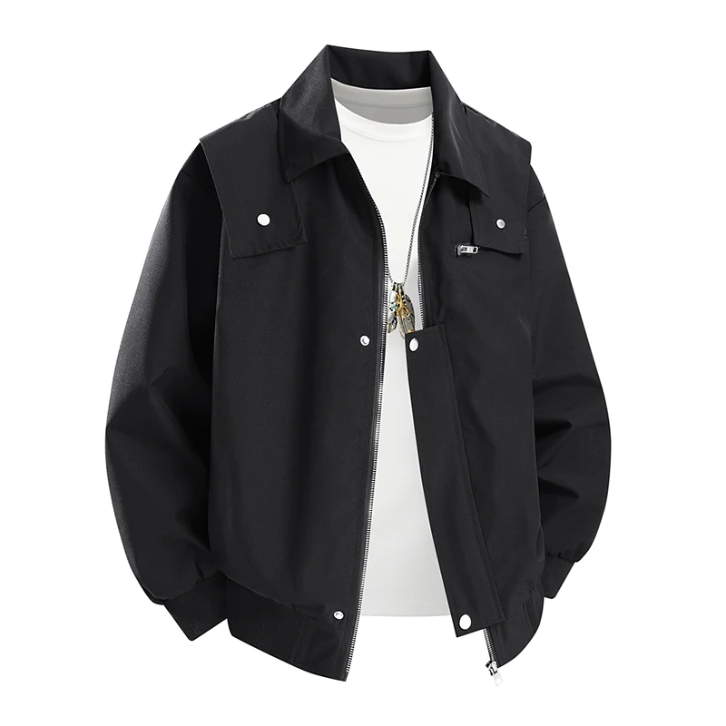 2026 New Men Lapel Collar Workwear Jacket Wind Resistant Loose Fit Bomber Coat Solid Color Multi‑Pocket Casual Street Outerwear