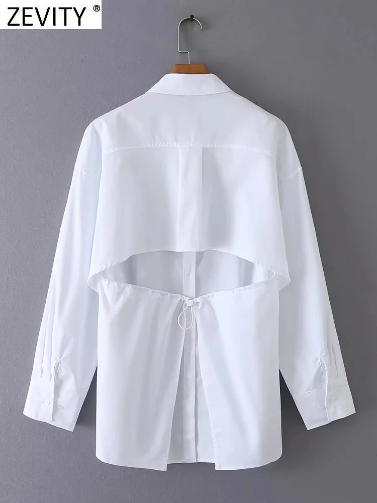 Zevity Women Fashion Backless Design Lace Up White Poplin Smock Blouse Office Lady Chic Casual Shirt Chemise Blusas Tops LS3822