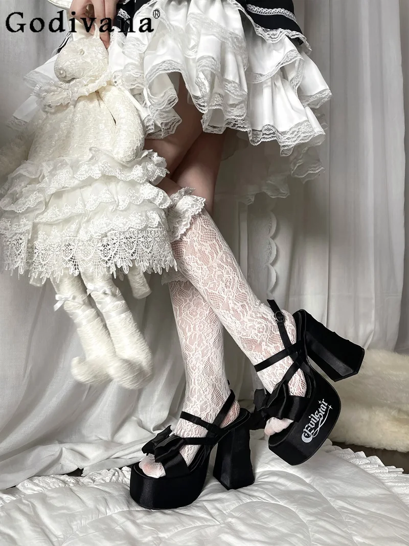 

Y2K Subculture Japanese Original Lolita Open-toed Sandals Goth Sweet Cool Babes Dark Loli Satin Thick Heel Sandals