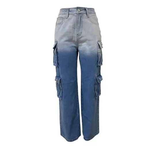 Personalized Street Jeans Fashion Women's Multi Pocket Nail Buckle Gradient Color Workwear Straight Tube Trendy Denim Pants