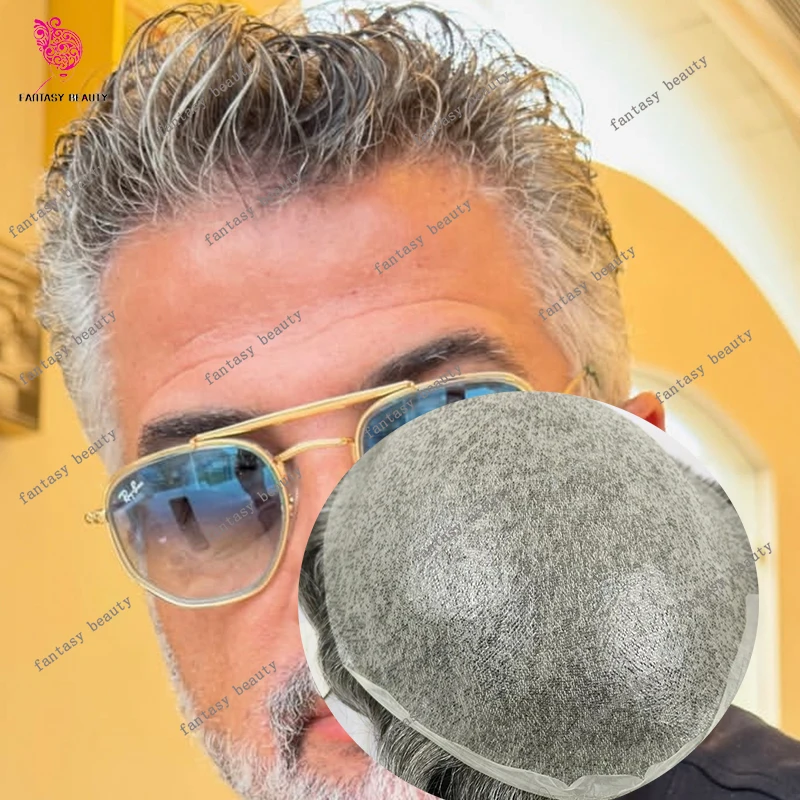 

1B80 Белый Черный Серый Блондин Невидимый Натуральный 80% Плотность Супер Натуральная Линия Волос 0,02 мм Ультратонкие Человеческие Волосы Мужская Система Париков